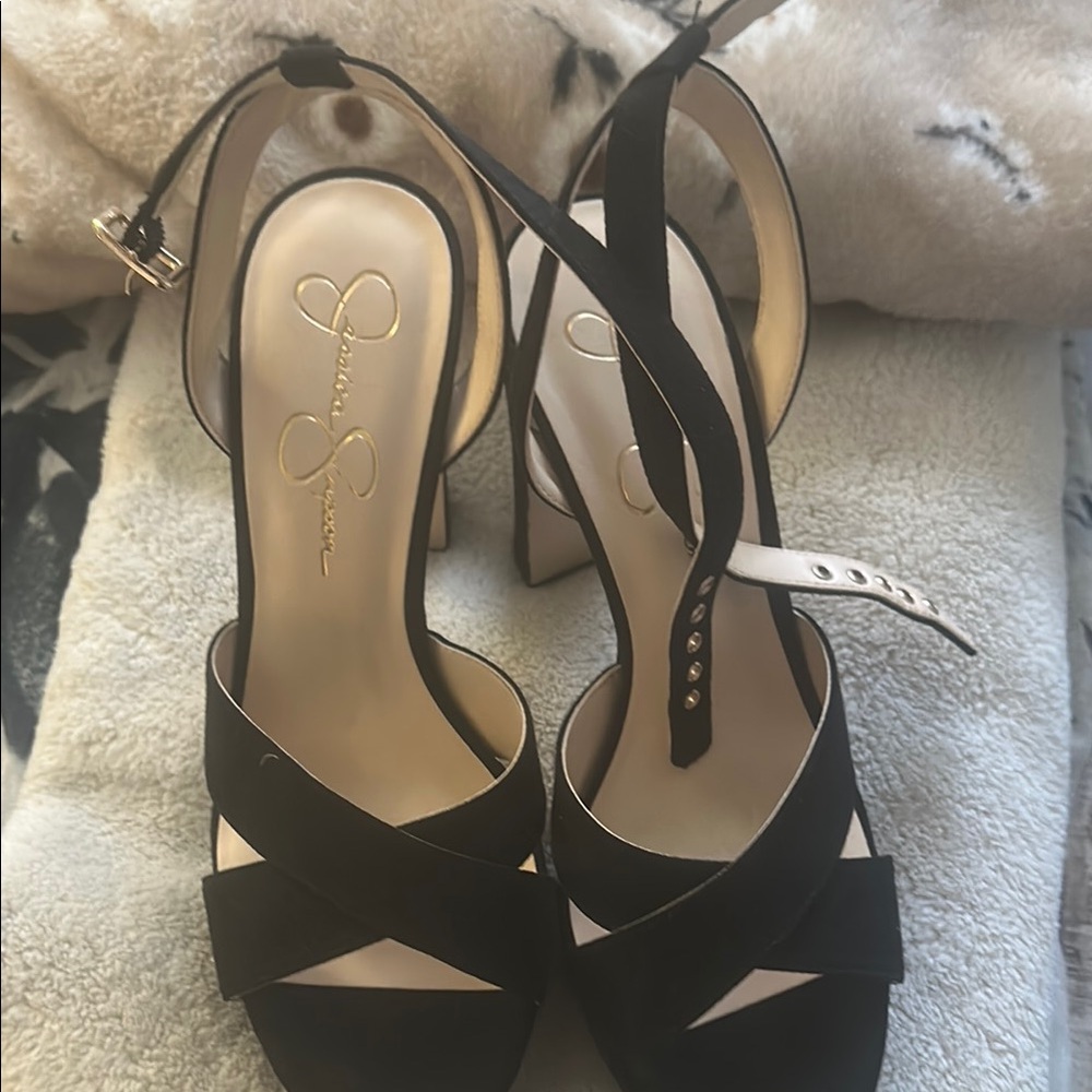 Jessica Simpson Black Satin Heels with Ankle Strap